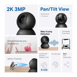Tp Link camara de vigilancia Wi-Fi 2K de 360 ° con deteccion por IA y llanto de bebe color negro -Tapo C211